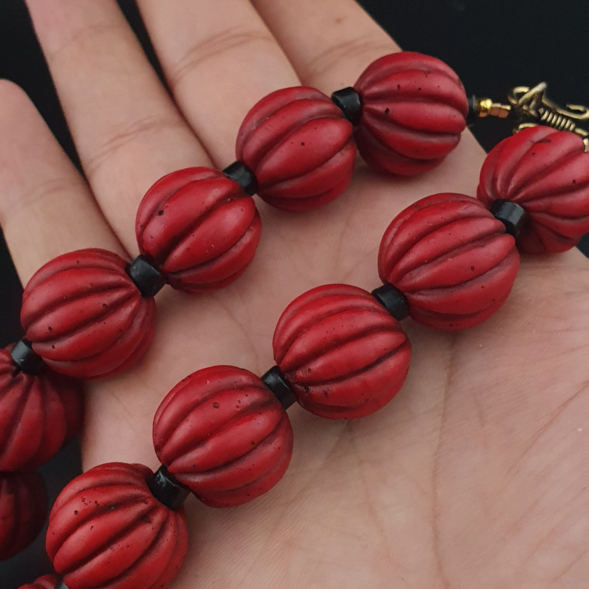Antique African Style Deep Red Melon Shape Glass Beads Necklace