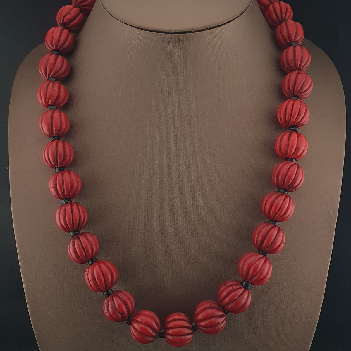 Antique African Style Deep Red Melon Shape Glass Beads Necklace
