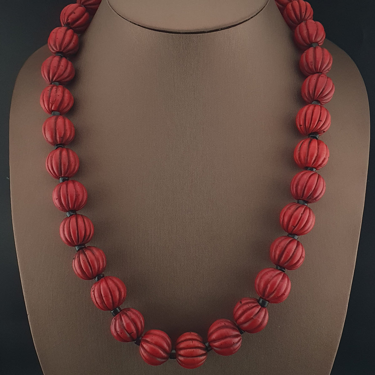 Antique African Style Deep Red Melon Shape Glass Beads Necklace