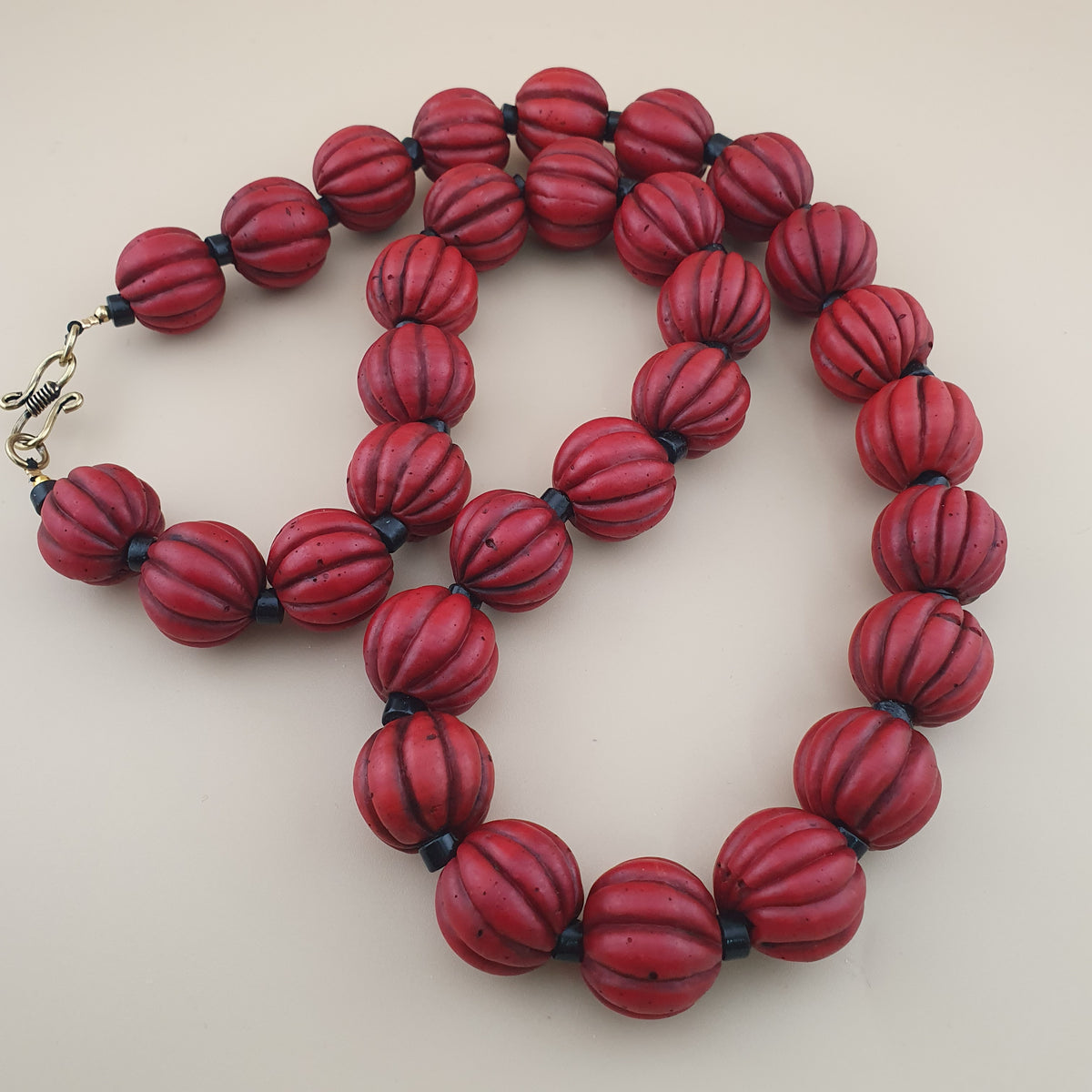 Antique African Style Deep Red Melon Shape Glass Beads Necklace