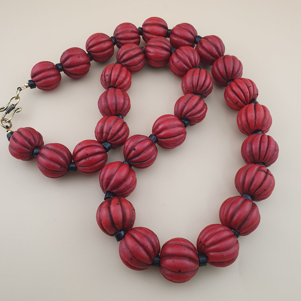 Antique African Style Deep Red Melon Shape Glass Beads Necklace