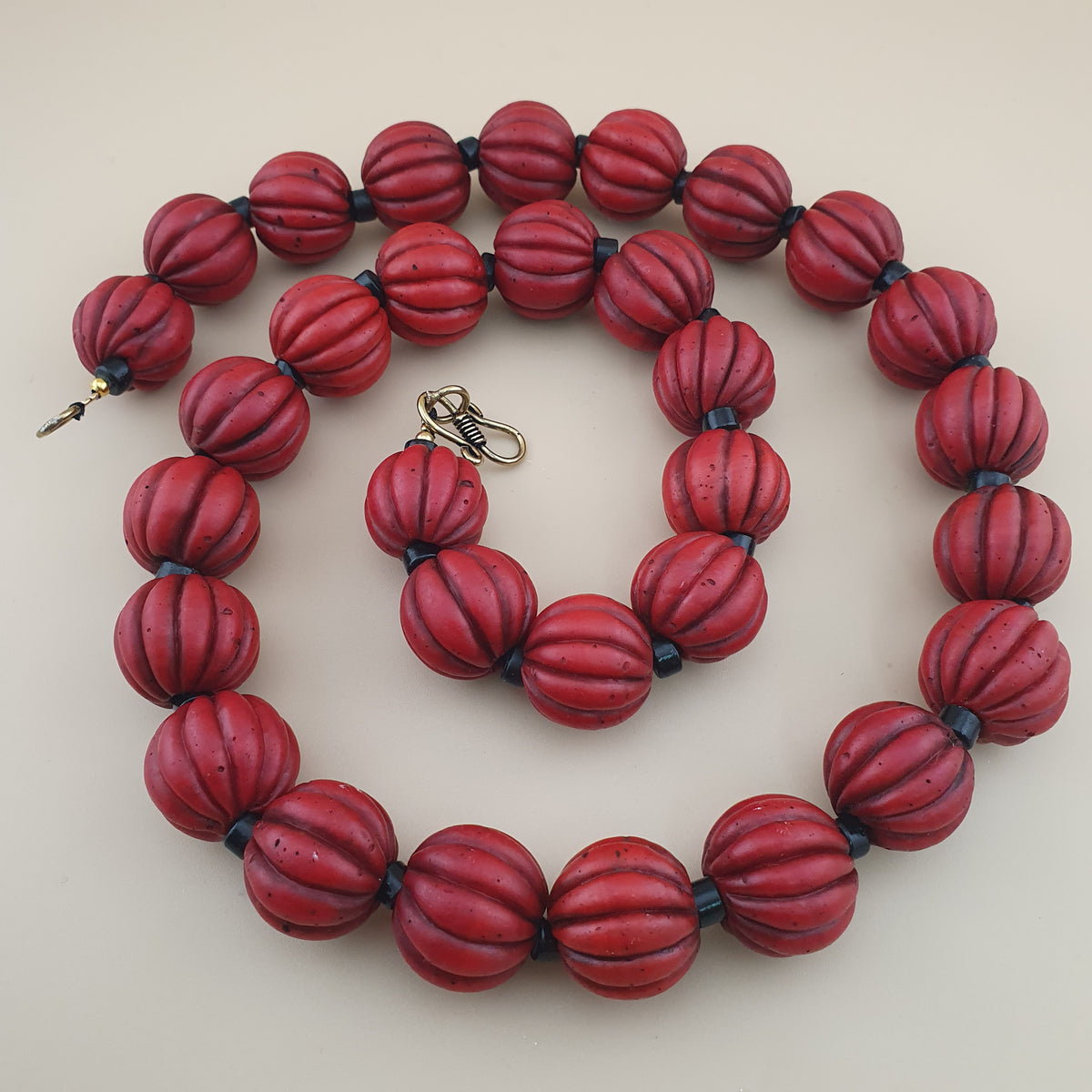 Antique African Style Deep Red Melon Shape Glass Beads Necklace