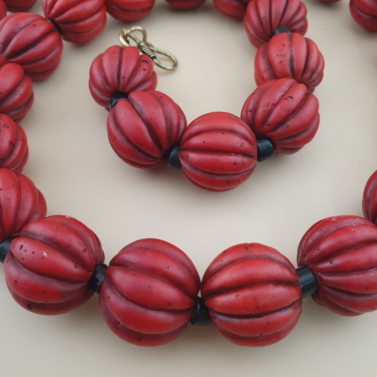 Antique African Style Deep Red Melon Shape Glass Beads Necklace