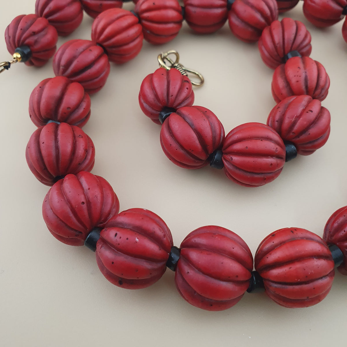 Antique African Style Deep Red Melon Shape Glass Beads Necklace