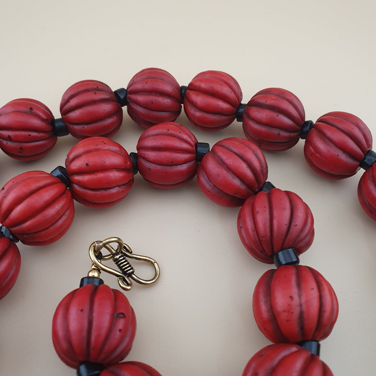 Antique African Style Deep Red Melon Shape Glass Beads Necklace