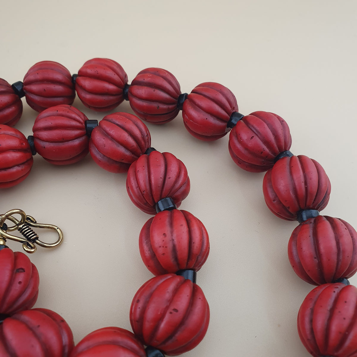 Antique African Style Deep Red Melon Shape Glass Beads Necklace