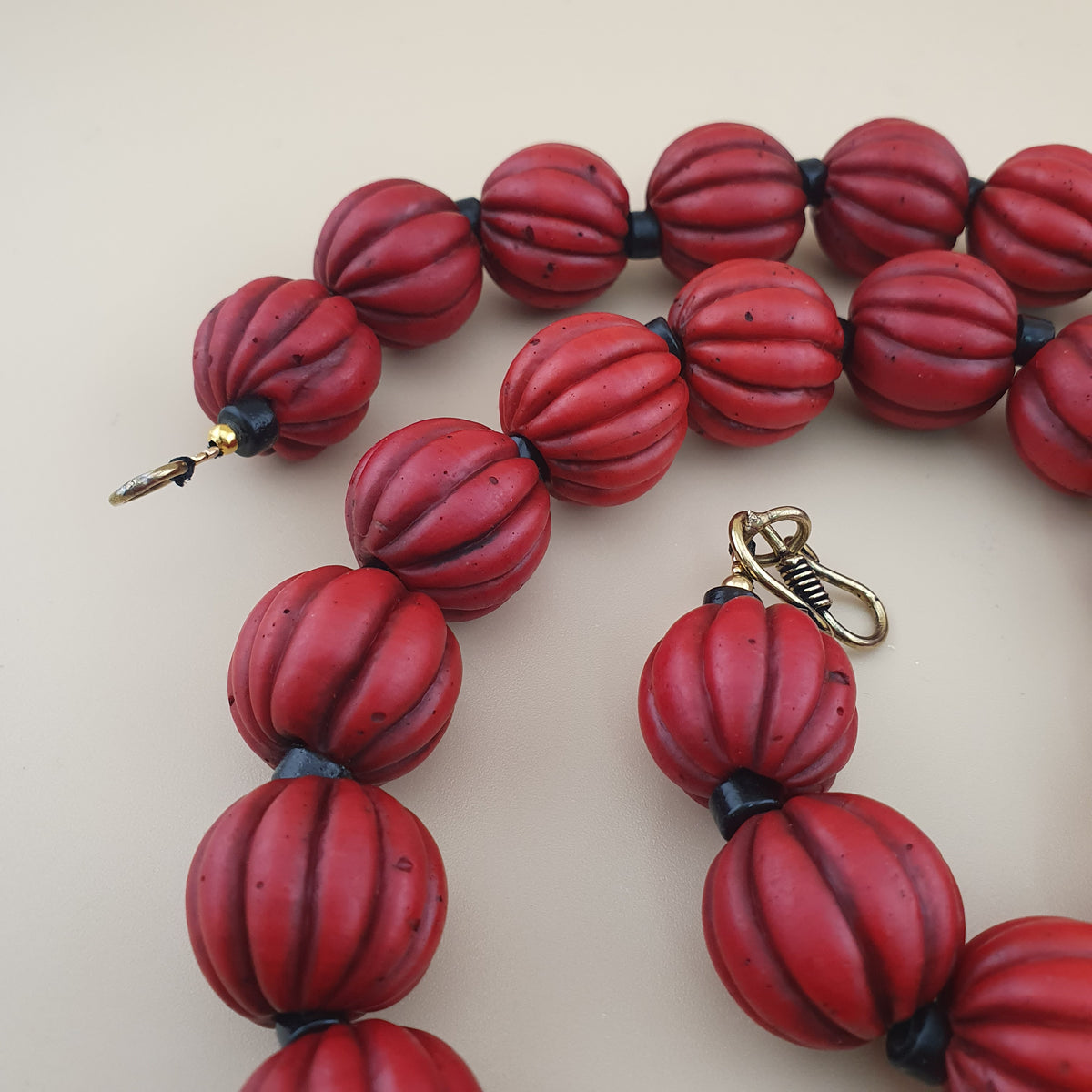 Antique African Style Deep Red Melon Shape Glass Beads Necklace