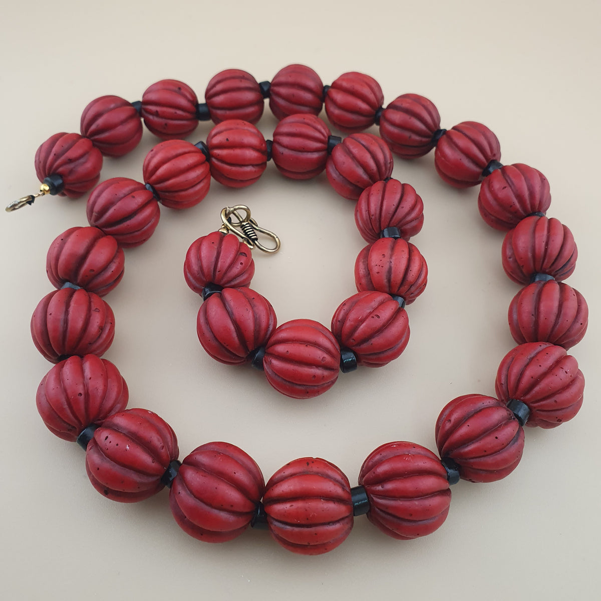 Antique African Style Deep Red Melon Shape Glass Beads Necklace