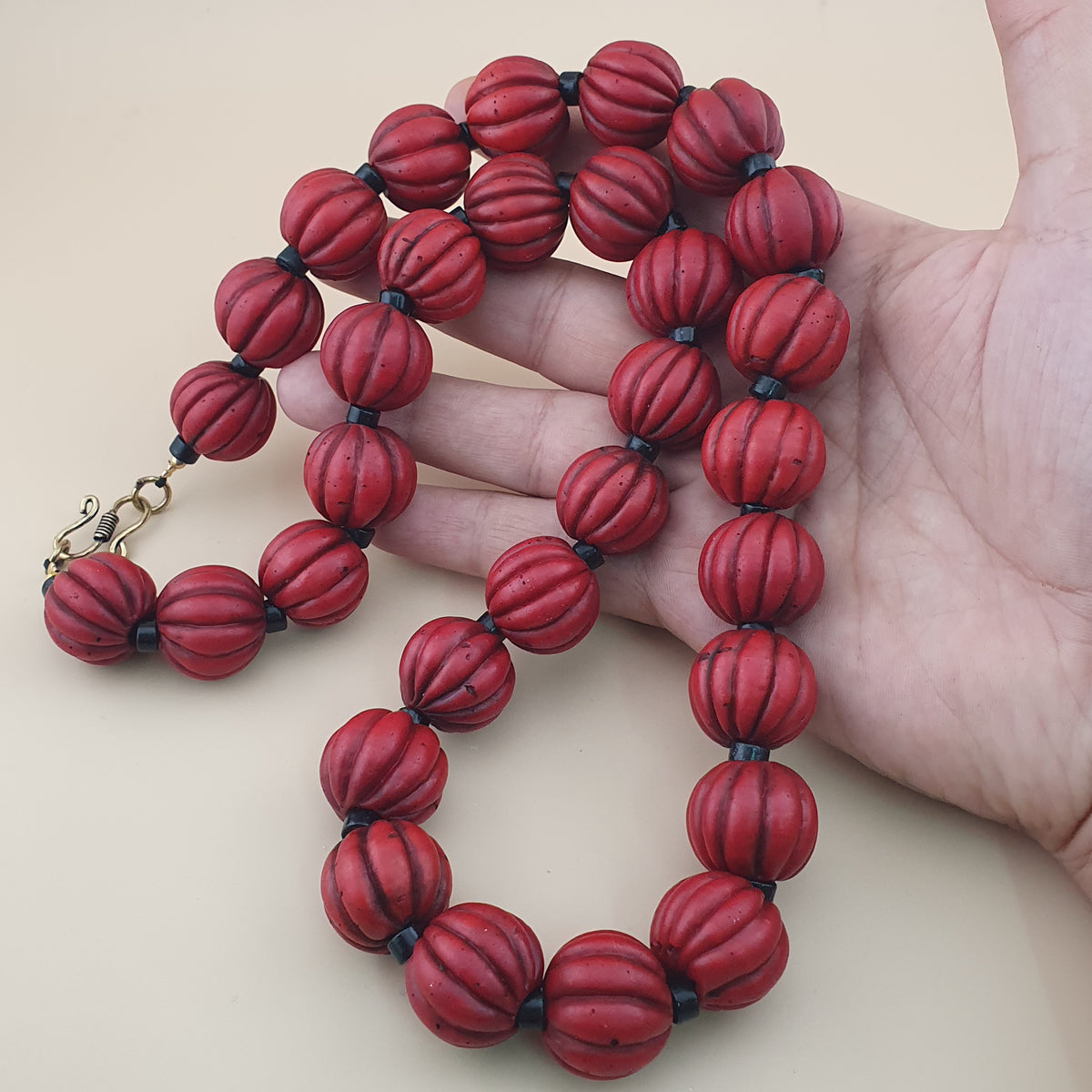 Antique African Style Deep Red Melon Shape Glass Beads Necklace