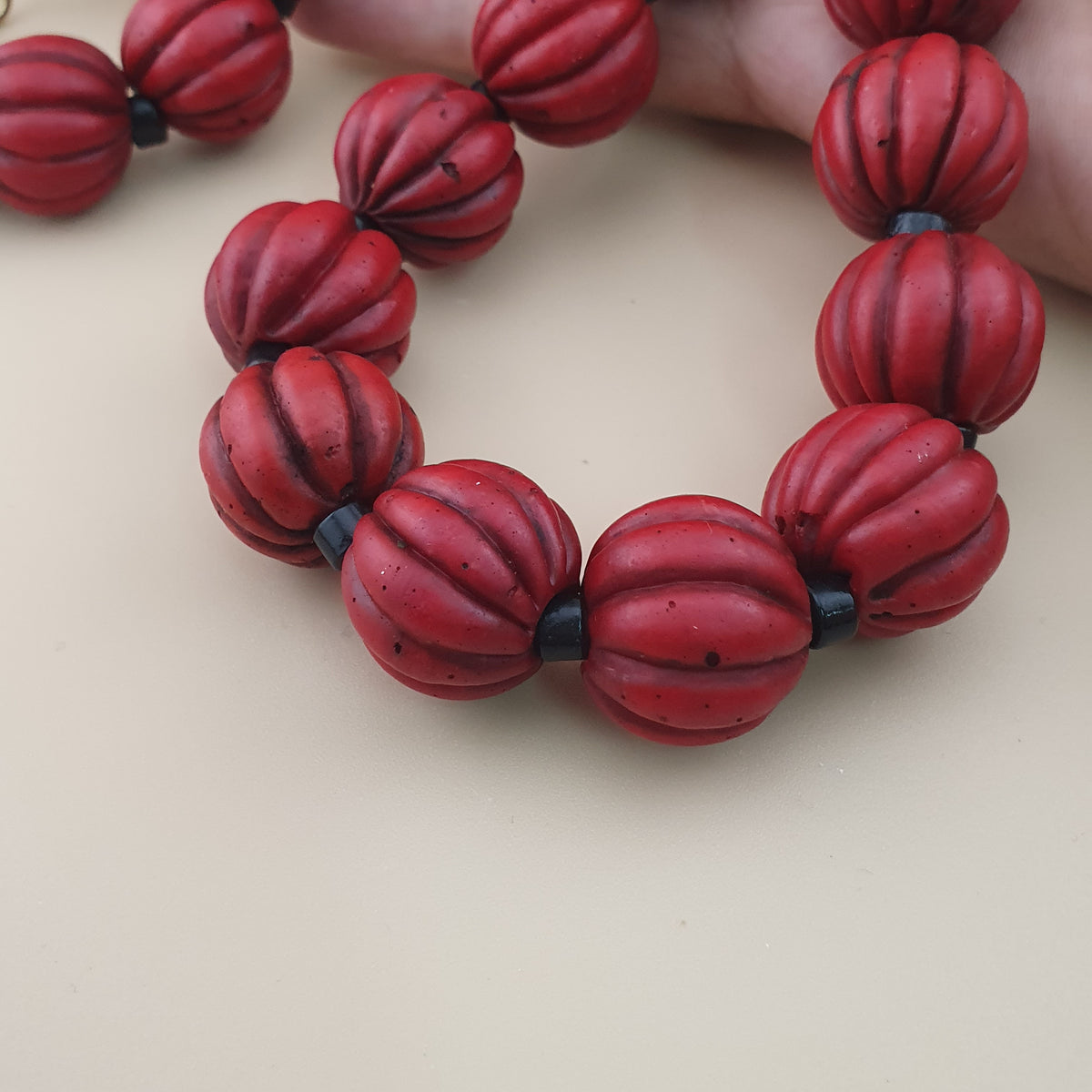Antique African Style Deep Red Melon Shape Glass Beads Necklace