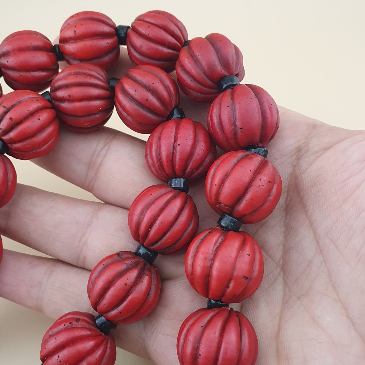 Antique African Style Deep Red Melon Shape Glass Beads Necklace