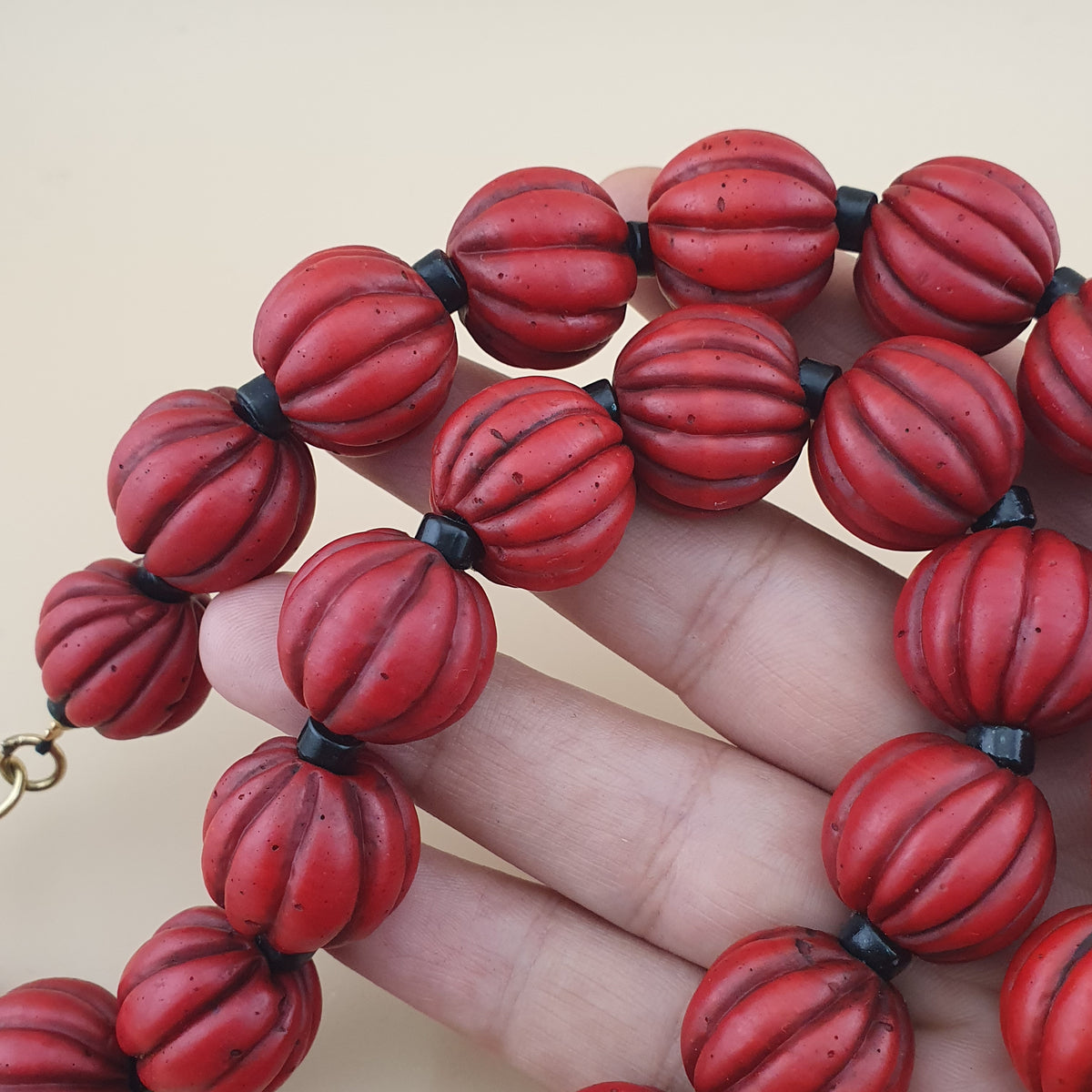 Antique African Style Deep Red Melon Shape Glass Beads Necklace