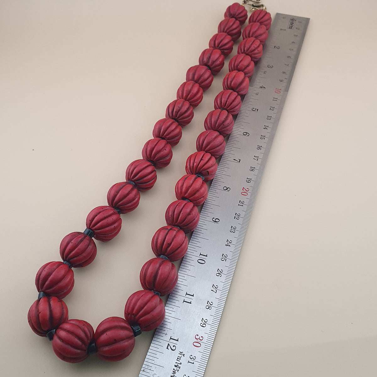 Antique African Style Deep Red Melon Shape Glass Beads Necklace