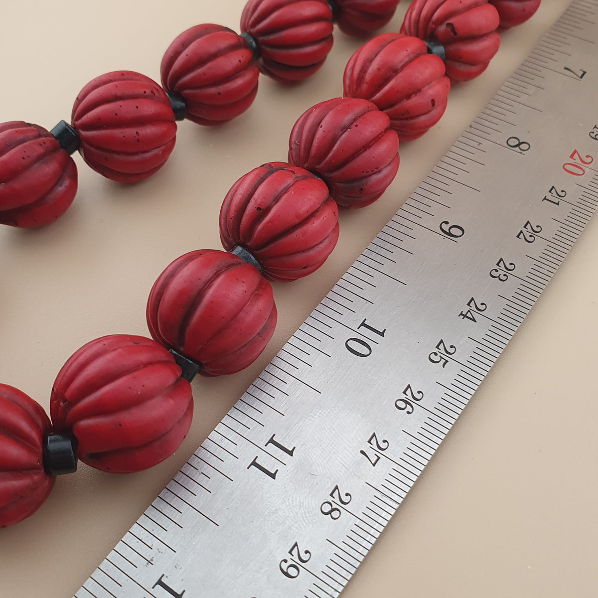 Antique African Style Deep Red Melon Shape Glass Beads Necklace