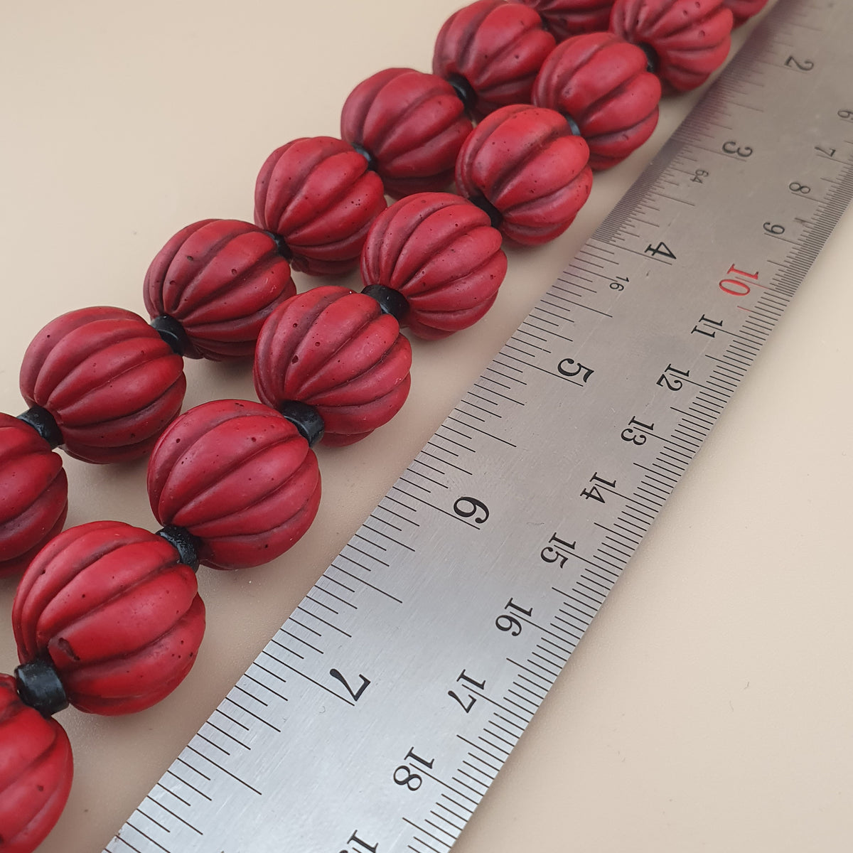Antique African Style Deep Red Melon Shape Glass Beads Necklace