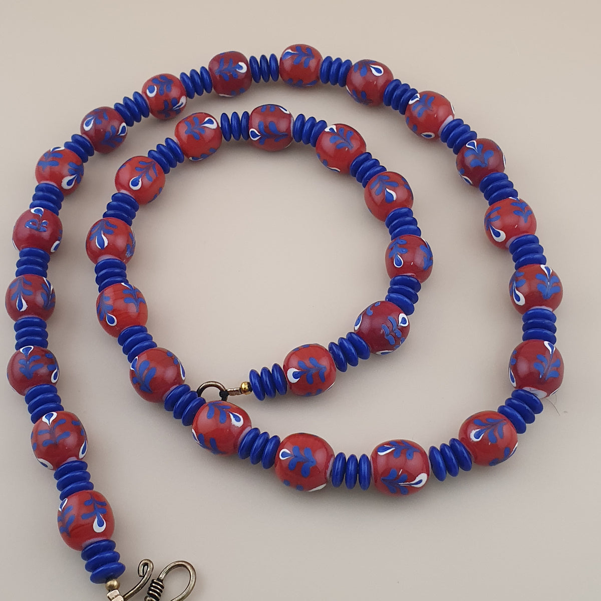 Antique Venetian Style Floral & African tire Shape Blue Glass Beads Necklace