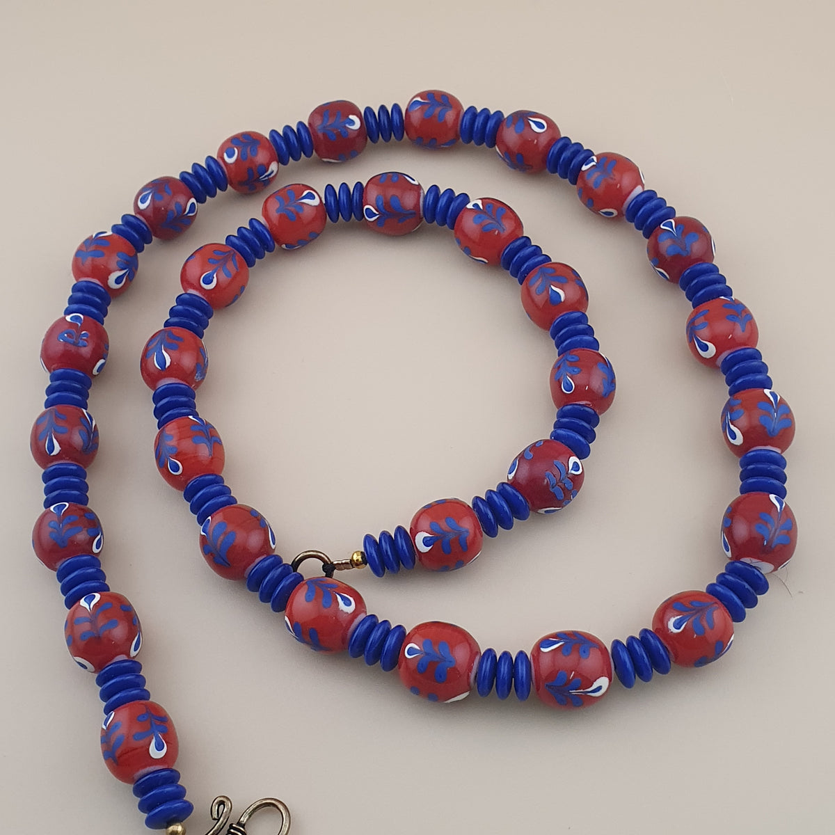Antique Venetian Style Floral & African tire Shape Blue Glass Beads Necklace