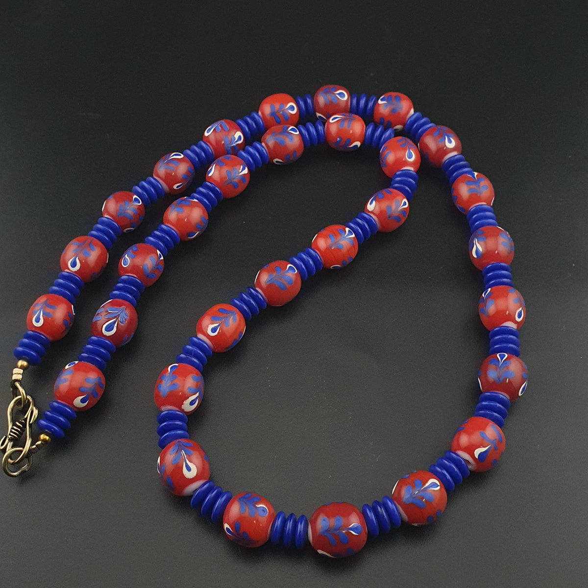 Antique Venetian Style Floral & African tire Shape Blue Glass Beads Necklace