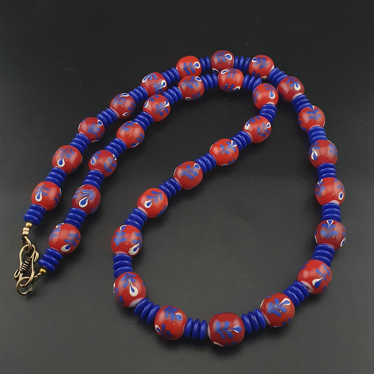 Antique Venetian Style Floral & African tire Shape Blue Glass Beads Necklace