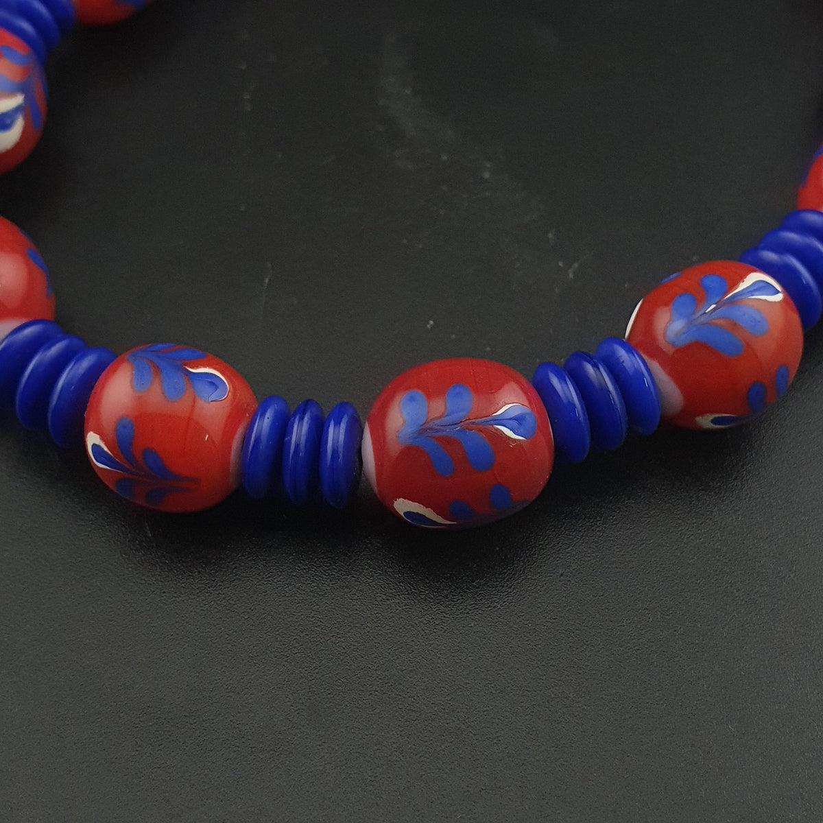 Antique Venetian Style Floral & African tire Shape Blue Glass Beads Necklace