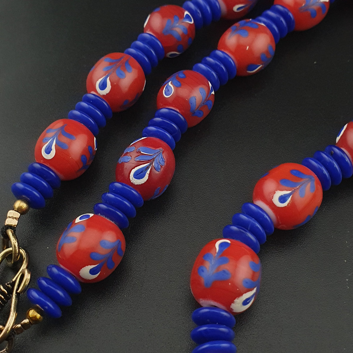 Antique Venetian Style Floral & African tire Shape Blue Glass Beads Necklace