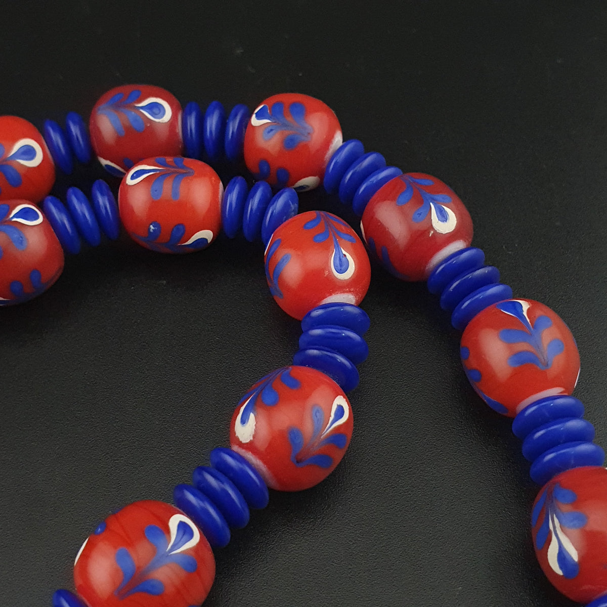Antique Venetian Style Floral & African tire Shape Blue Glass Beads Necklace