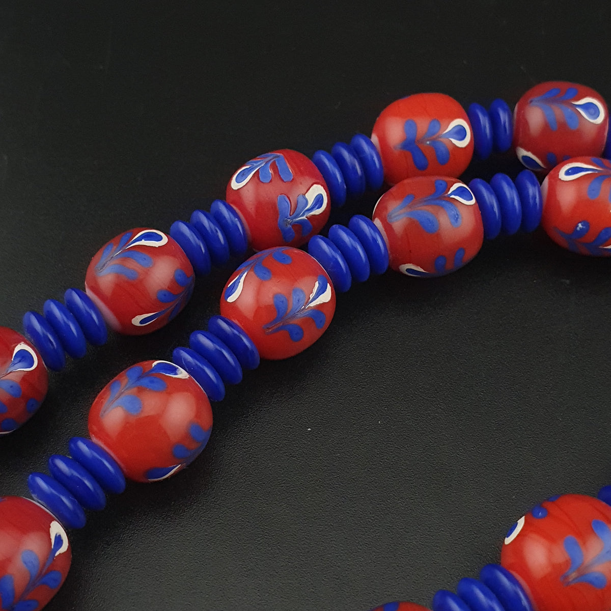 Antique Venetian Style Floral & African tire Shape Blue Glass Beads Necklace