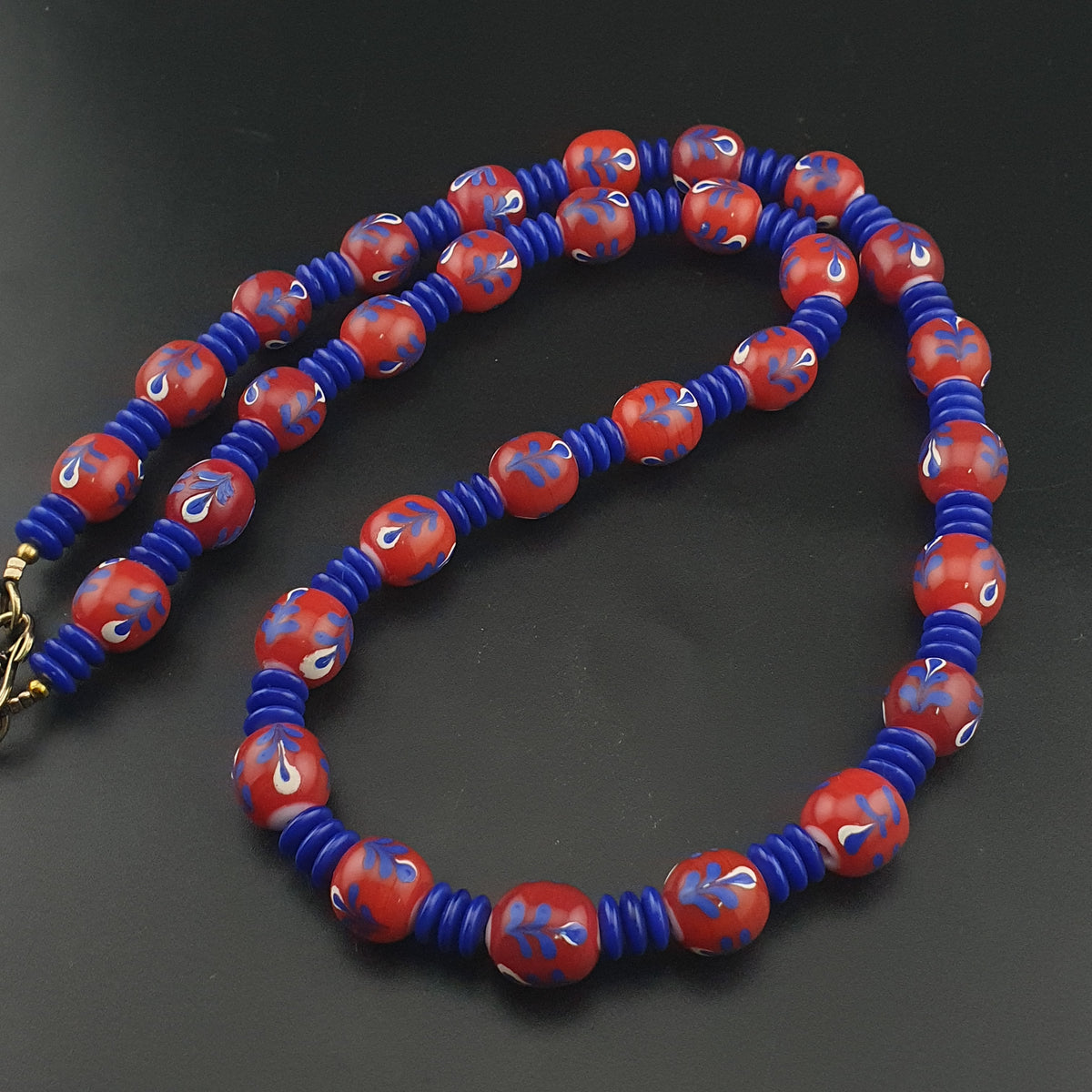 Antique Venetian Style Floral & African tire Shape Blue Glass Beads Necklace