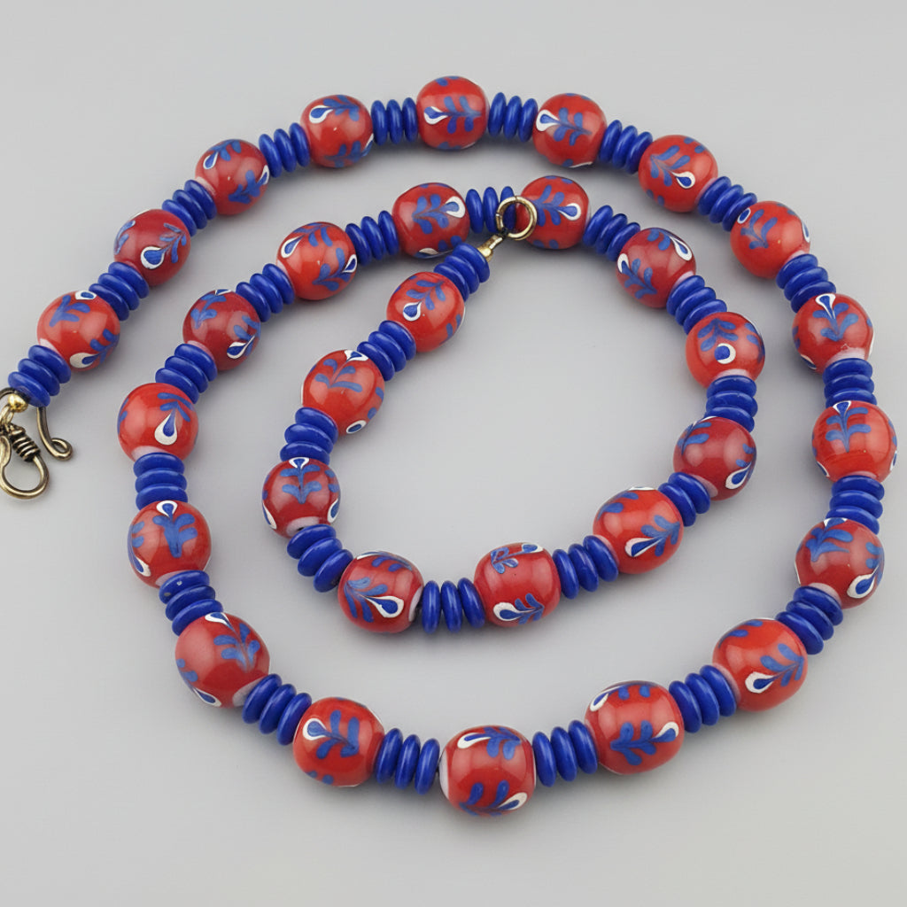 Antique Venetian Style Floral & African tire Shape Blue Glass Beads Necklace