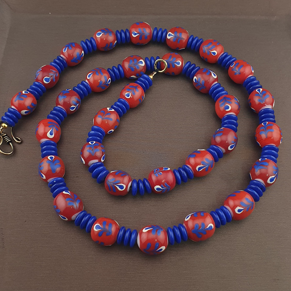 Antique Venetian Style Floral & African tire Shape Blue Glass Beads Necklace