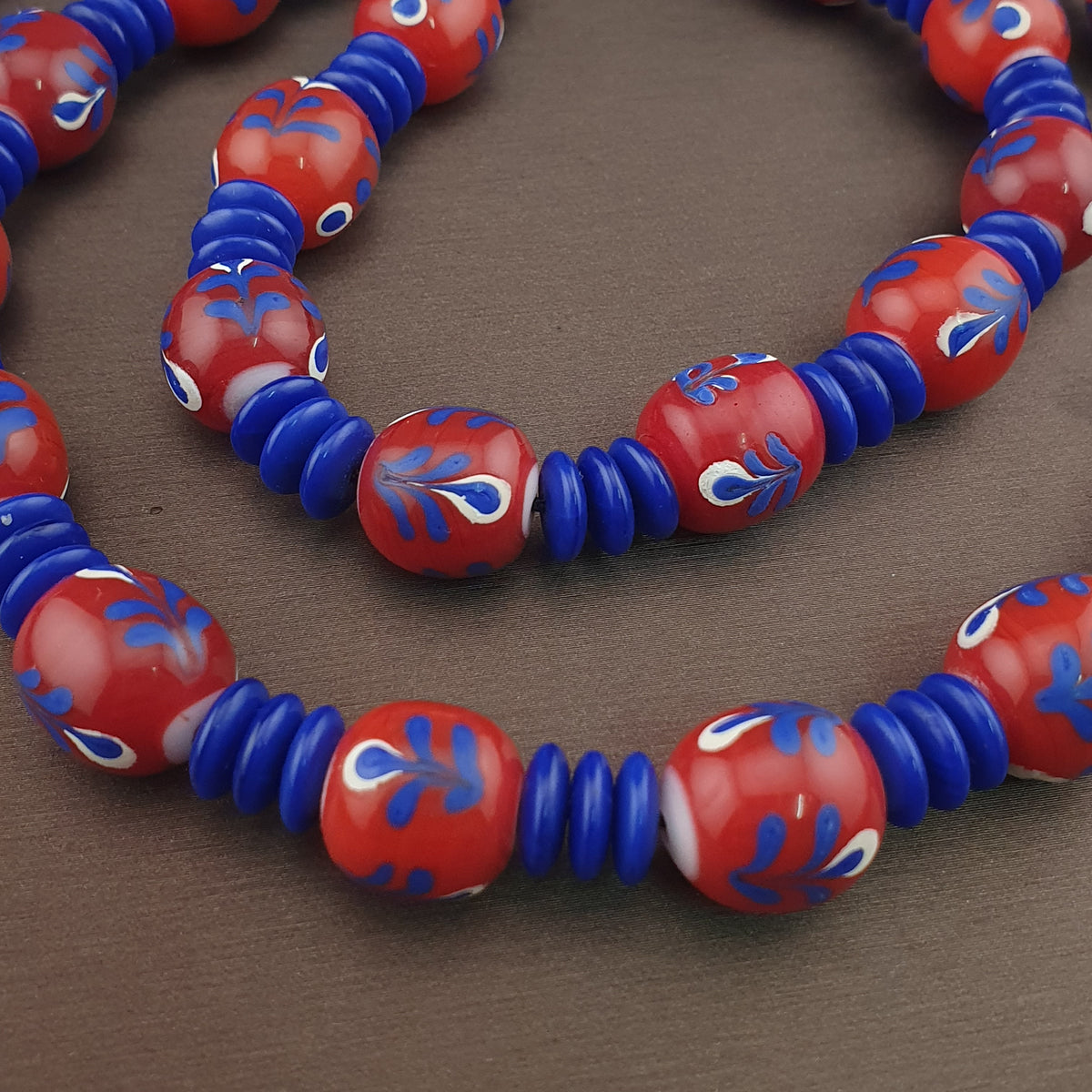 Antique Venetian Style Floral & African tire Shape Blue Glass Beads Necklace