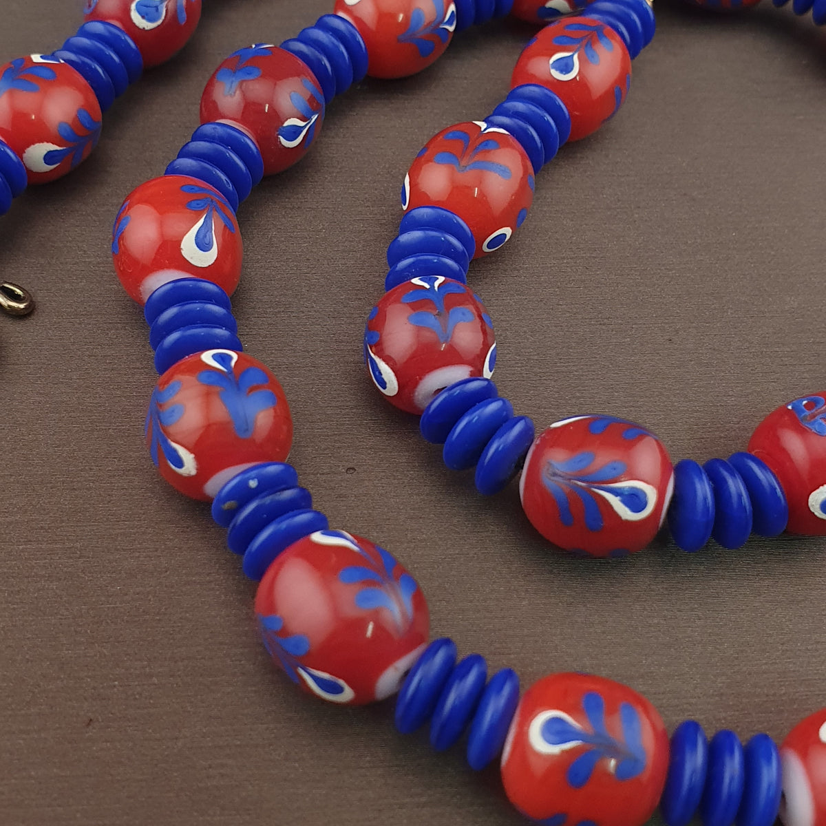 Antique Venetian Style Floral & African tire Shape Blue Glass Beads Necklace