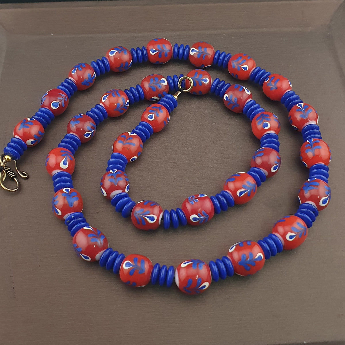 Antique Venetian Style Floral & African tire Shape Blue Glass Beads Necklace
