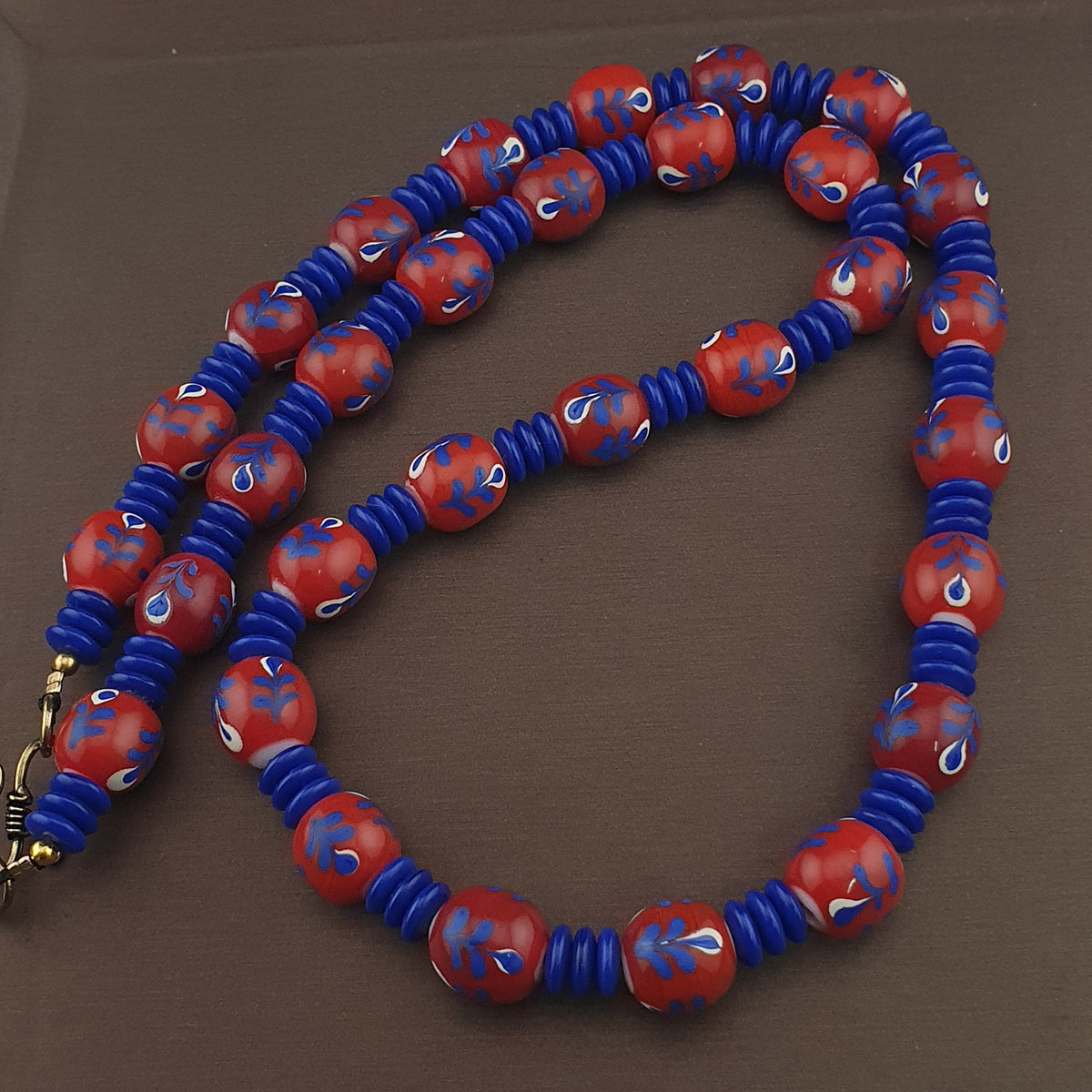 Antique Venetian Style Floral & African tire Shape Blue Glass Beads Necklace