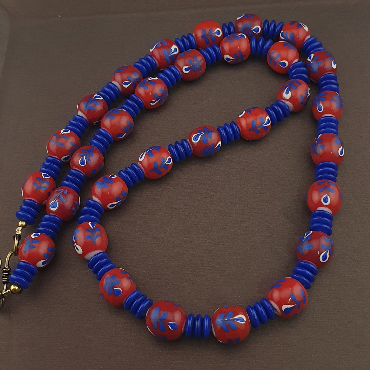 Antique Venetian Style Floral & African tire Shape Blue Glass Beads Necklace