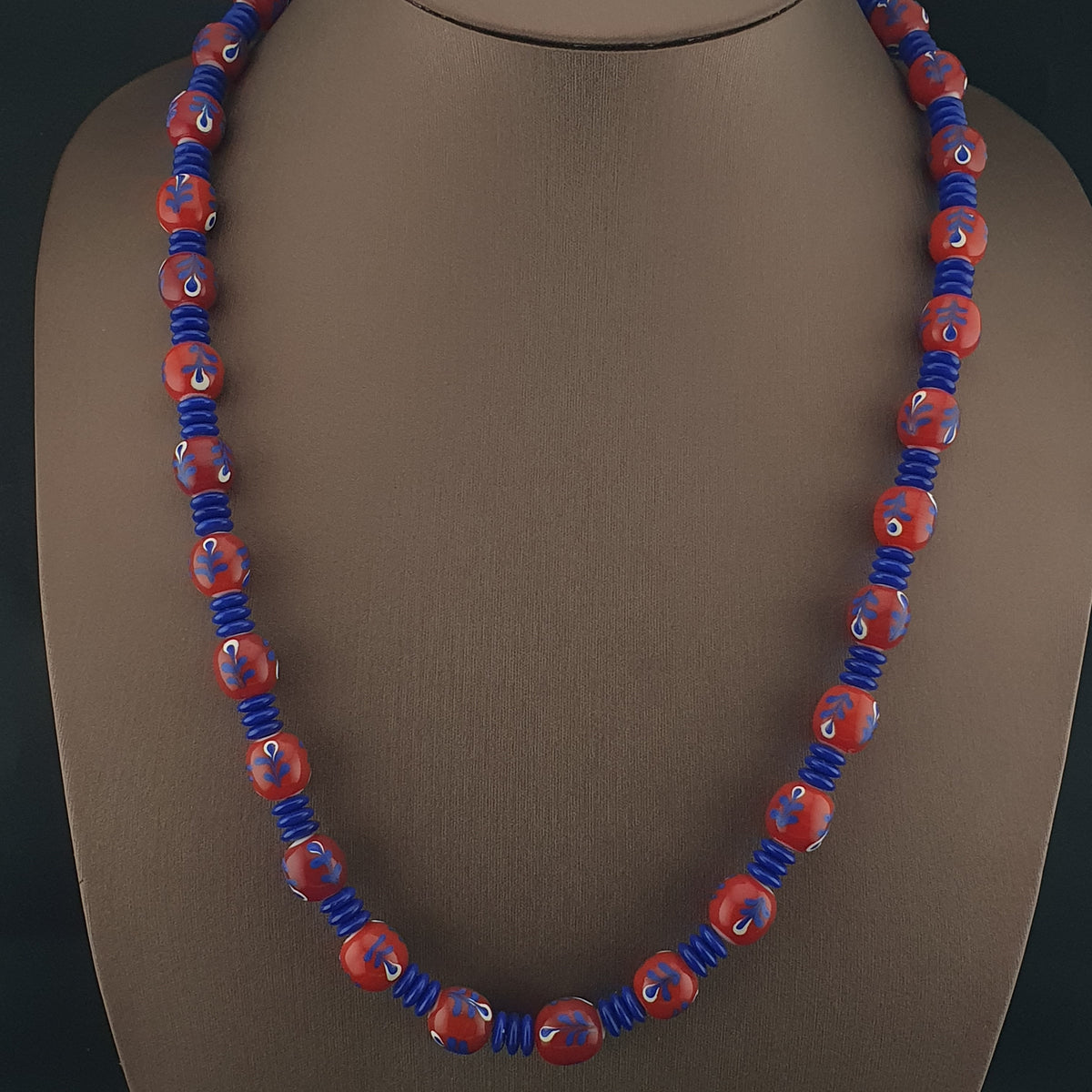 Antique Venetian Style Floral & African tire Shape Blue Glass Beads Necklace