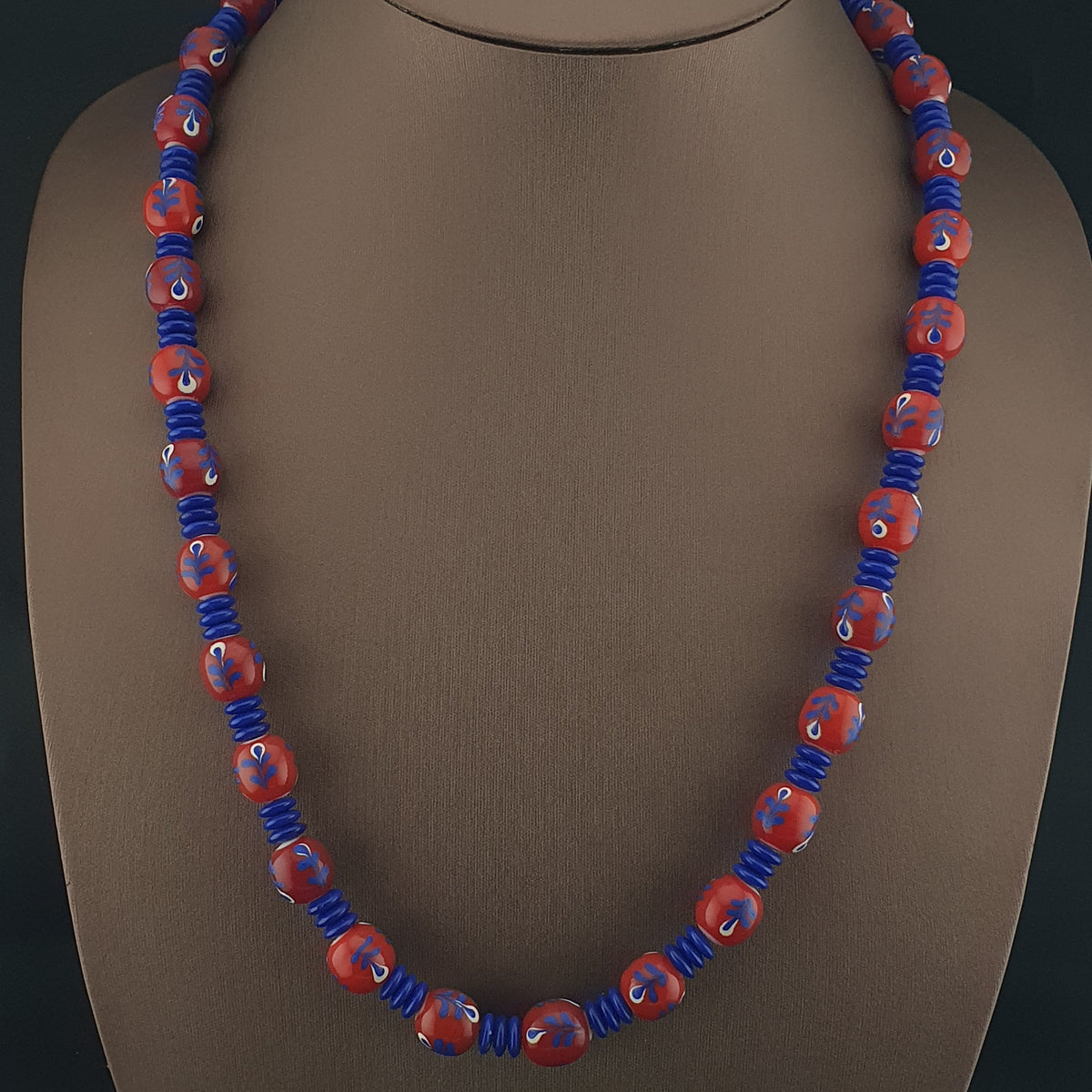 Antique Venetian Style Floral & African tire Shape Blue Glass Beads Necklace