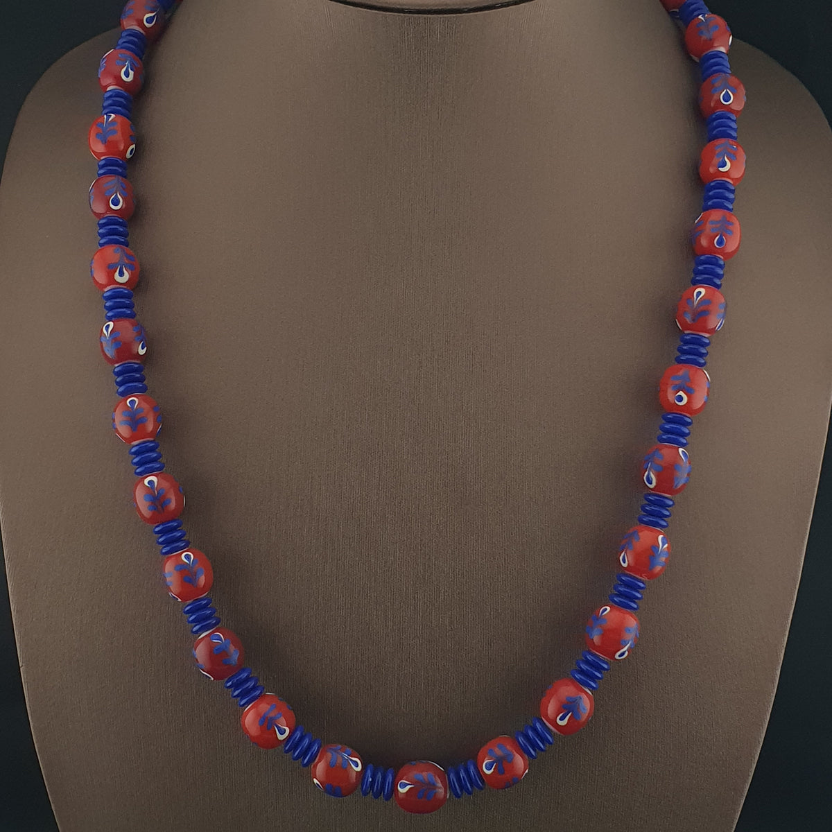 Antique Venetian Style Floral & African tire Shape Blue Glass Beads Necklace