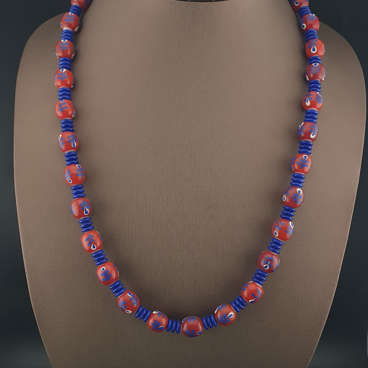 Antique Venetian Style Floral & African tire Shape Blue Glass Beads Necklace
