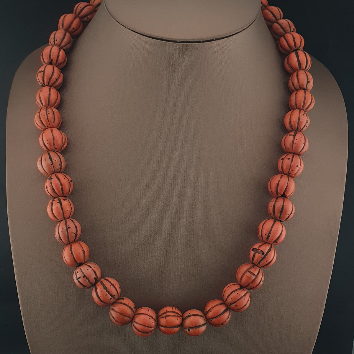 Collier en Perles de Verre Orange, Forme Melon, Style Africain Ancien