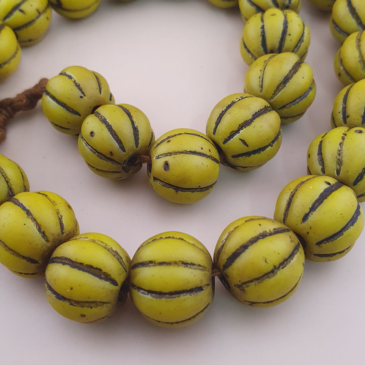 Antique African Style Yellow Mellon Shape Glass Beads Necklace Strand