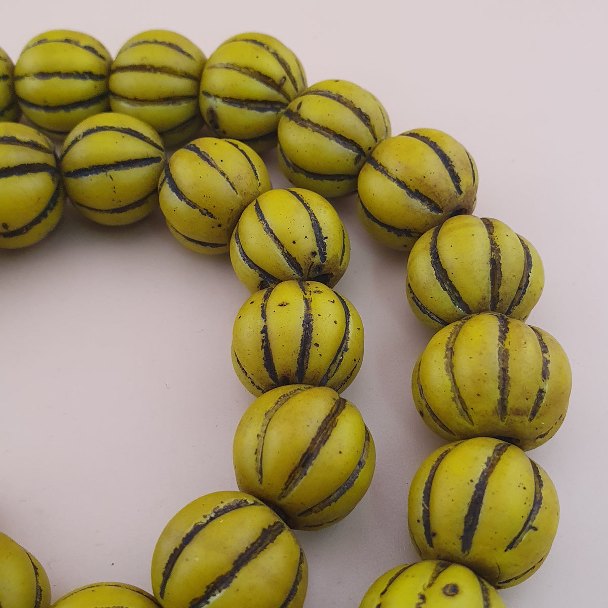 Antique African Style Yellow Mellon Shape Glass Beads Necklace Strand