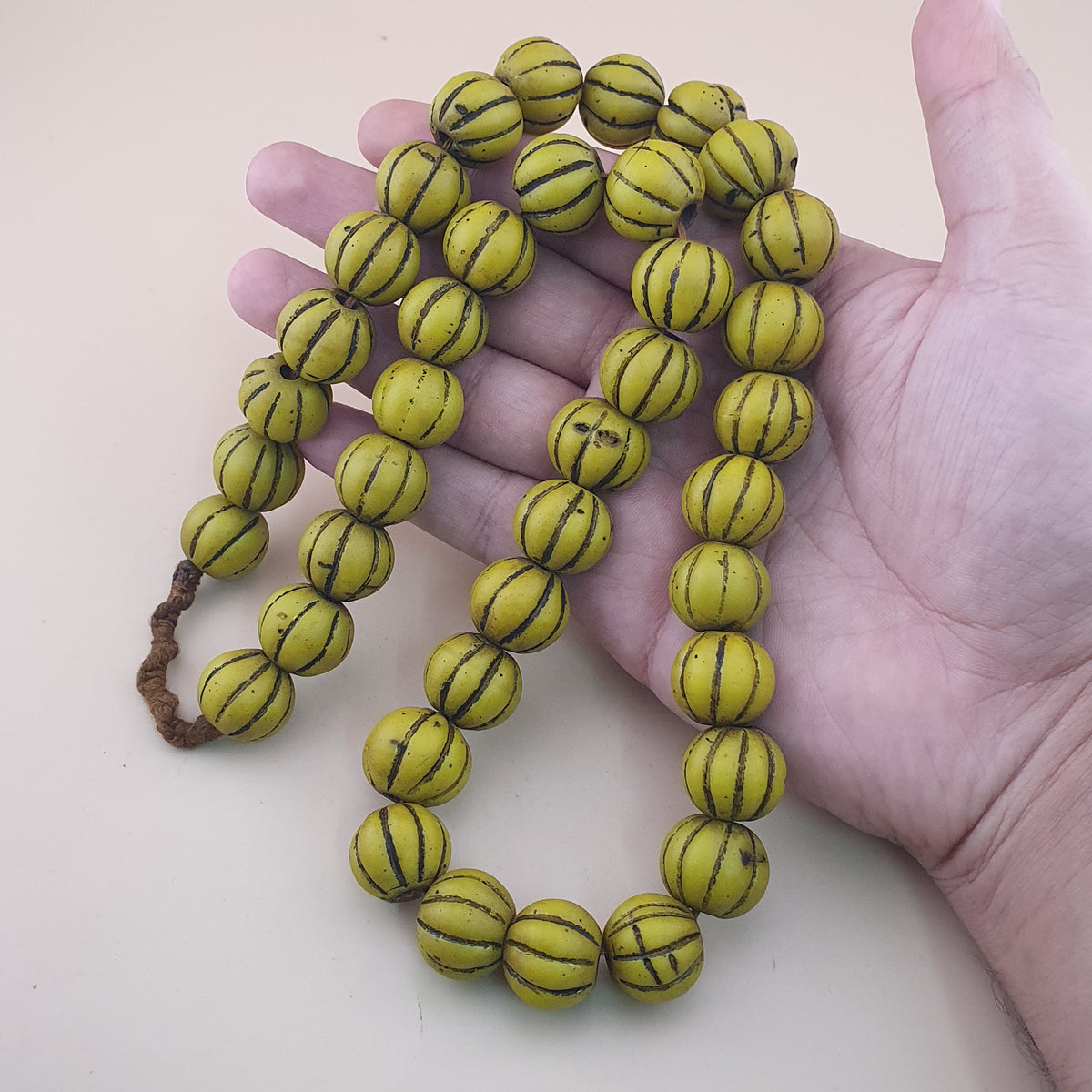 Antique African Style Yellow Mellon Shape Glass Beads Necklace Strand
