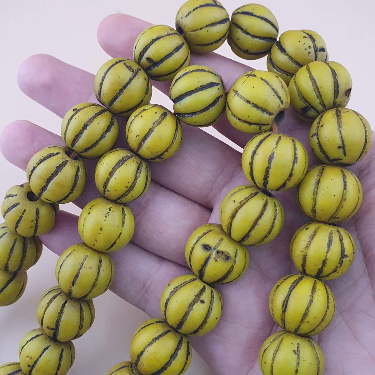 Antique African Style Yellow Mellon Shape Glass Beads Necklace Strand