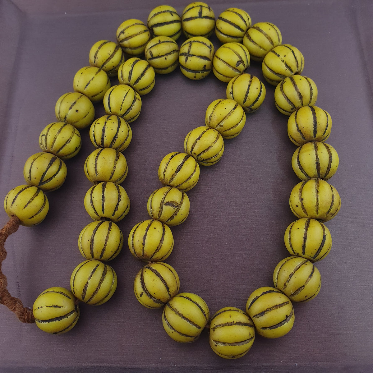 Antique African Style Yellow Mellon Shape Glass Beads Necklace Strand