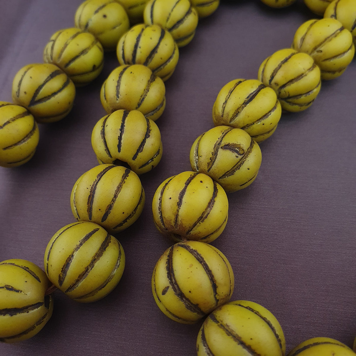 Antique African Style Yellow Mellon Shape Glass Beads Necklace Strand