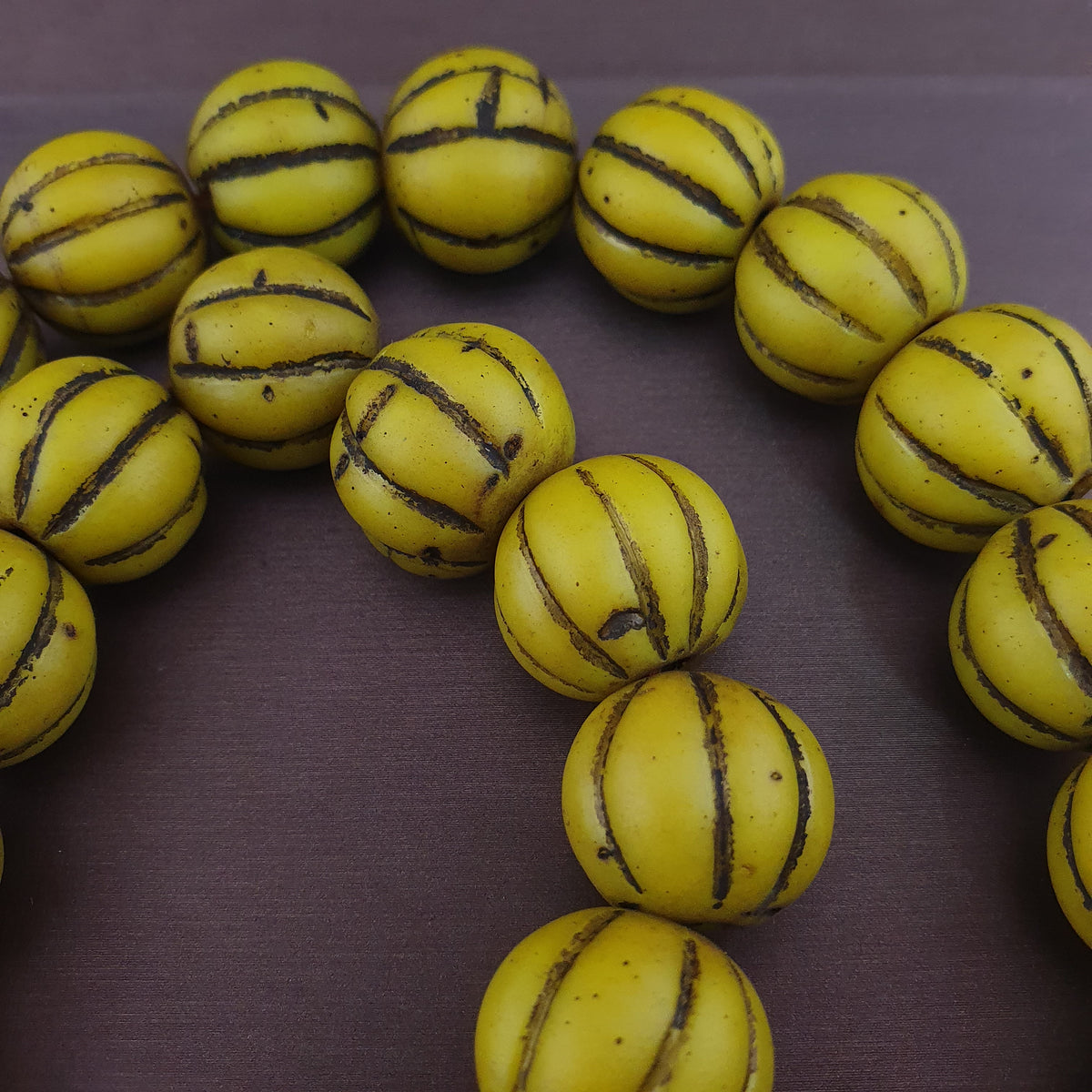Antique African Style Yellow Mellon Shape Glass Beads Necklace Strand