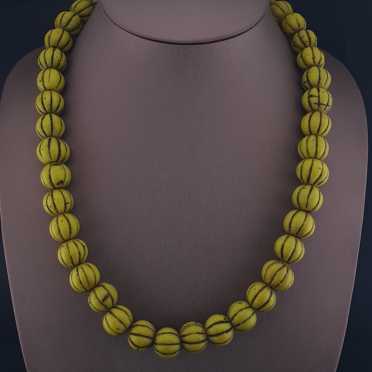 Antique African Style Yellow Mellon Shape Glass Beads Necklace Strand