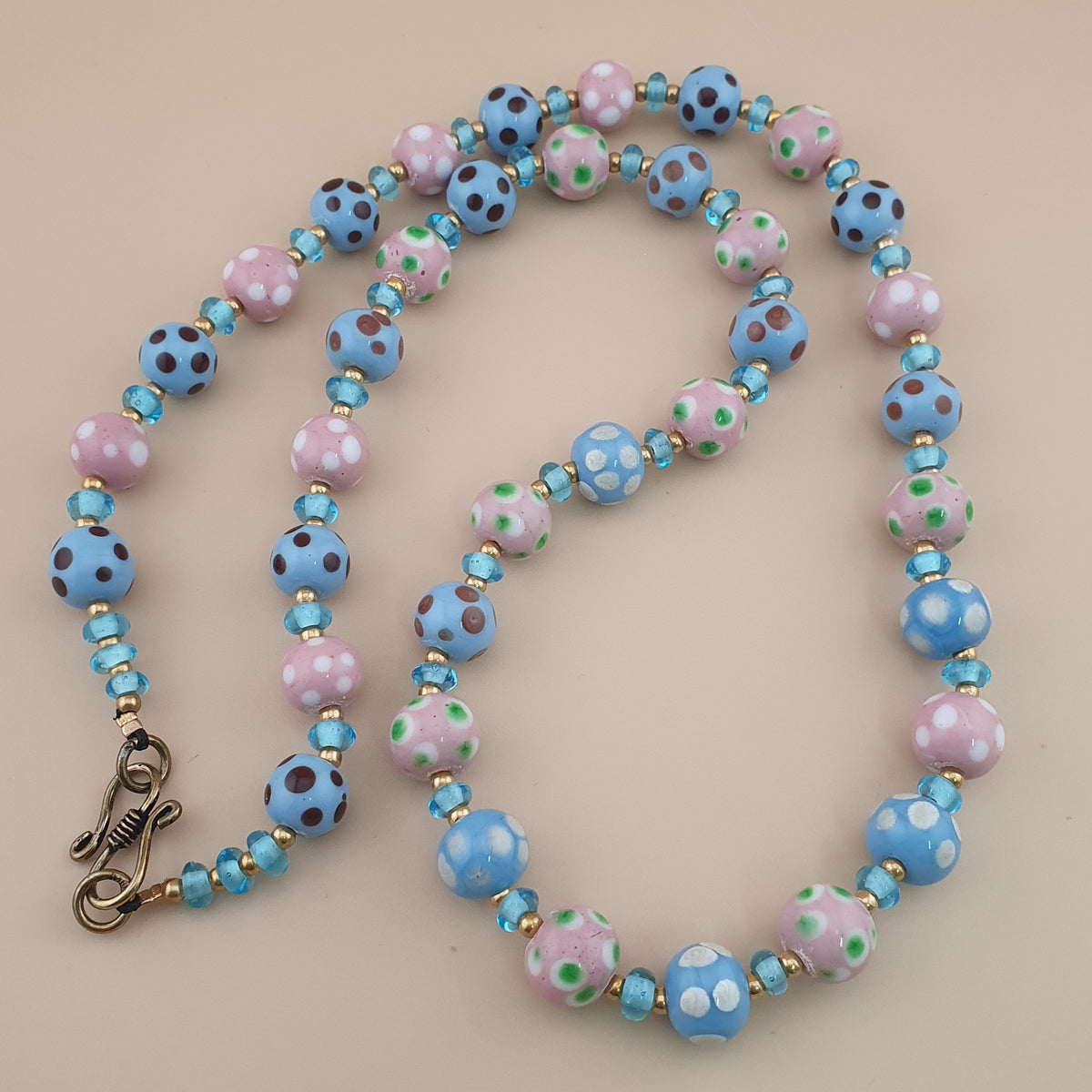 Antique Venetian Style Sky blue & pink Dotted Glass Beads Necklace