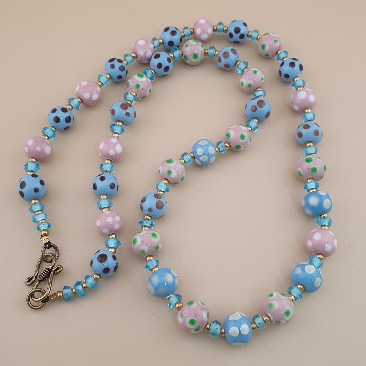 Antique Venetian Style Sky blue & pink Dotted Glass Beads Necklace